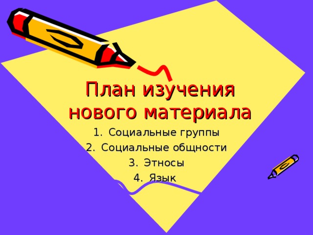 План изучения нового материала Социальные группы Социальные общности Этносы Язык 