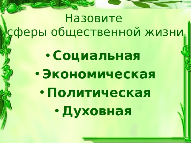 Назовите  сферы общественной жизни Социальная Экономическая Политическая Духовная   
