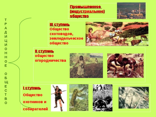 Промышленное (индустриальное) общество Т Р А Д И Ц И О Н Н О Е  О Б Щ Е С Т В О  III ступень Общество скотоводов, земледельческое общество II ступень общество огородничества     I ступень Общество охотников и собирателей 