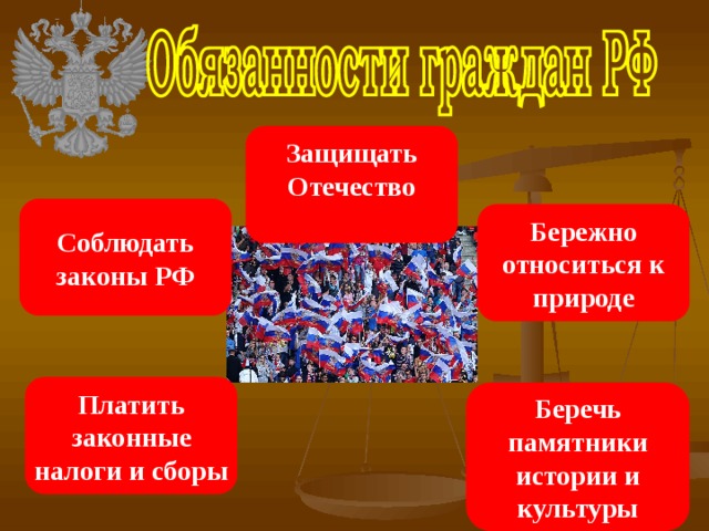 Защищать Отечество  Соблюдать законы РФ Бережно относиться к природе Платить законные налоги и сборы Беречь памятники истории и культуры 