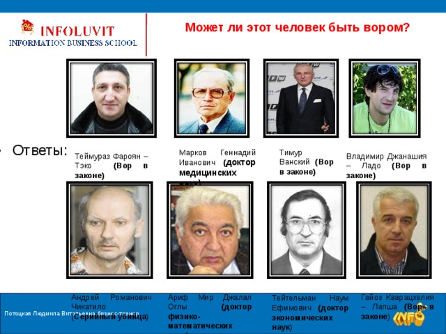  Может ли этот человек быть вором? Ответы: Тимур Ванский (Вор в законе) Марков Геннадий Иванович ( доктор медицинских наук) Владимир Джанашия – Ладо (Вор в законе) Теймураз Фароян – Тэко (Вор в законе) Гайоз Кварацхелия – Лапша (Вор в законе ) Андрей Романович Чикатило ( Серийный убийца ) Ариф Мир Джалал Оглы (доктор физико-математических наук) Тейтельман Наум Ефимович (доктор экономических наук ) Потоцкая Людмила Витальевна бизнес-тренер 9 