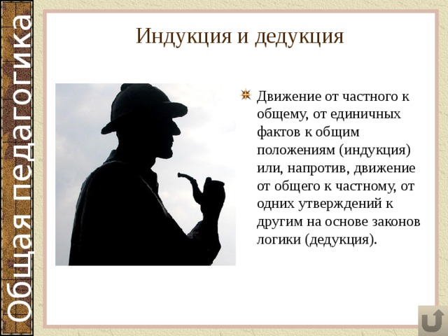 Индукция и дедукция Движение от частного к общему, от единичных фактов к общим положениям (индукция) или, напротив, движение от общего к частному, от одних утверждений к другим на основе законов логики (дедукция). 