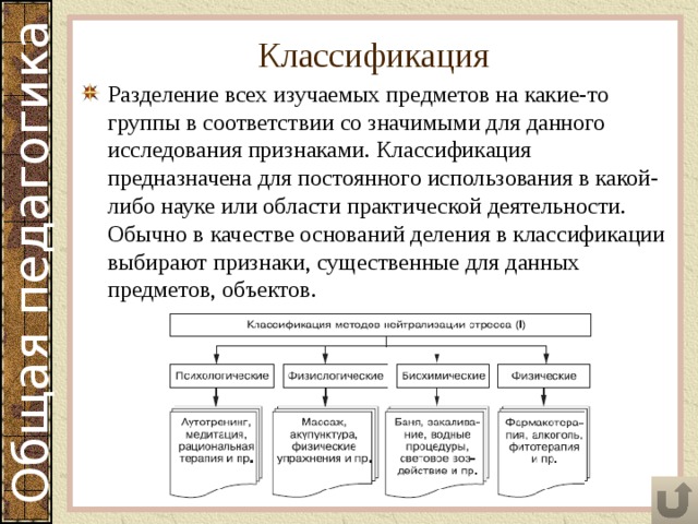 Классификация Разделение всех изучаемых предметов на какие-то группы в соответствии со значимыми для данного исследования признаками. Классификация предназначена для постоянного использования в какой-либо науке или области практической деятельности. Обычно в качестве оснований деления в классификации выбирают признаки, существенные для данных предметов, объектов. 