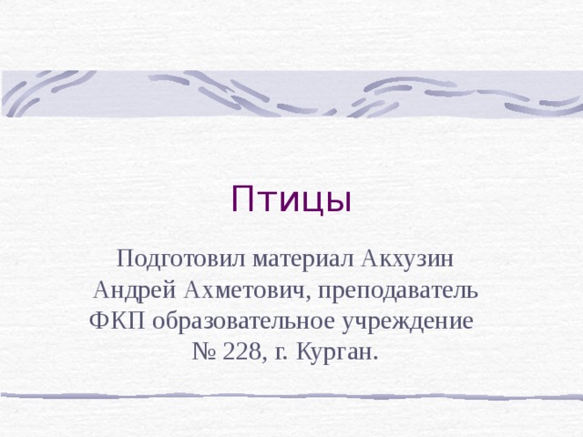 Птицы Подготовил материал Акхузин Андрей Ахметович, преподаватель ФКП образовательное учреждение № 228, г. Курган. 