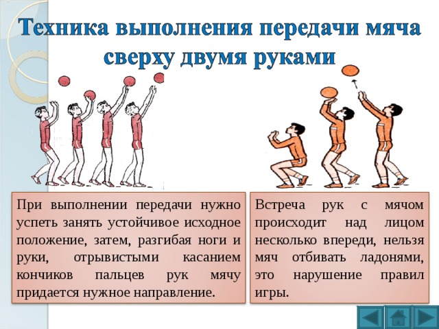 Встреча рук с мячом происходит над лицом несколько впереди, нельзя мяч отбивать ладонями, это нарушение правил игры. При выполнении передачи нужно успеть занять устойчивое исходное положение, затем, разгибая ноги и руки, отрывистыми касанием кончиков пальцев рук мячу придается нужное направление. 