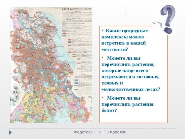  Какие природные комплексы можно встретить в нашей местности?  Можете ли вы перечислить растения, которые чаще всего встречаются в сосновых, еловых и мелколиственных лесах?  Можете ли вы перечислить растения болот? Федотова Н.Ю. ПК Карелии. 