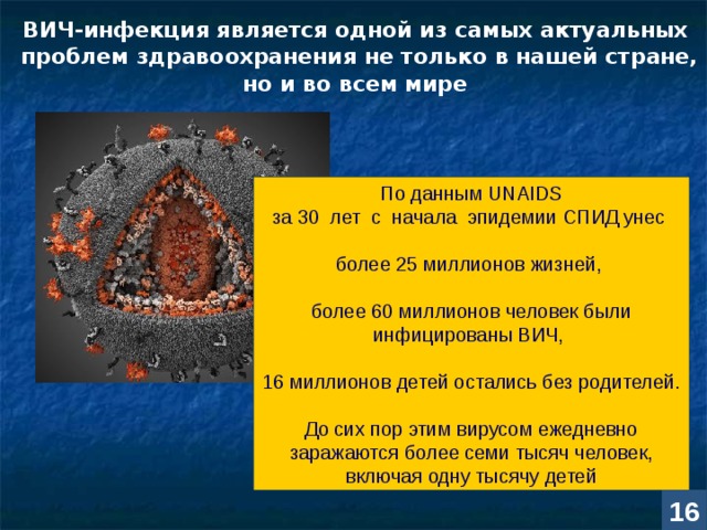 ВИЧ-инфекция является одной из самых актуальных  проблем здравоохранения не только в нашей стране, но и во всем мире  По данным UNAIDS за 30 лет с начала эпидемии СПИД унес более 25 миллионов жизней, более 60 миллионов человек были инфицированы ВИЧ, 16 миллионов детей остались без родителей. До сих пор этим вирусом ежедневно заражаются более семи тысяч человек, включая одну тысячу детей Во-первых, на данный момент эта болезнь не излечима . Существуют лекарства (антиретровирусная терапия), способные на неопределенно долгий срок отодвинуть приближение последней стадии ВИЧ-инфекции — СПИДа. Человек продолжает жить и чувствовать себя здоровым. Но вирус остается в организме и пусть медленно, но продолжает его разрушать. Во-вторых, нет вакцины , предотвращающей заболевание. Единственным средством профилактики становятся наши знания о болезни и умения защитить себя. Сложности, связанные с разработкой лекарств и вакцины, обусловлены в первую очередь строением вируса иммунодефицита человека и механизмами его воздействия. 16  