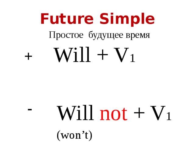 Future Simple Простое будущее время Will + V 1 + - Will not + V 1 (won’t) 
