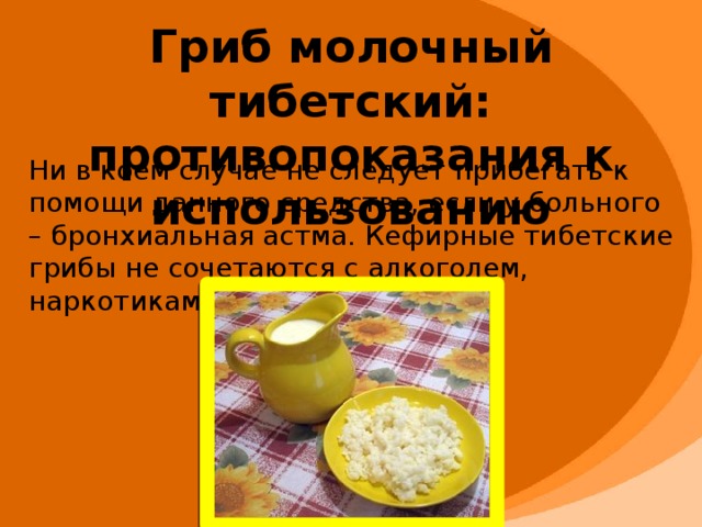 Гриб молочный тибетский: противопоказания к использованию Ни в коем случае не следует прибегать к помощи данного средства, если у больного – бронхиальная астма. Кефирные тибетские грибы не сочетаются с алкоголем, наркотиками.     