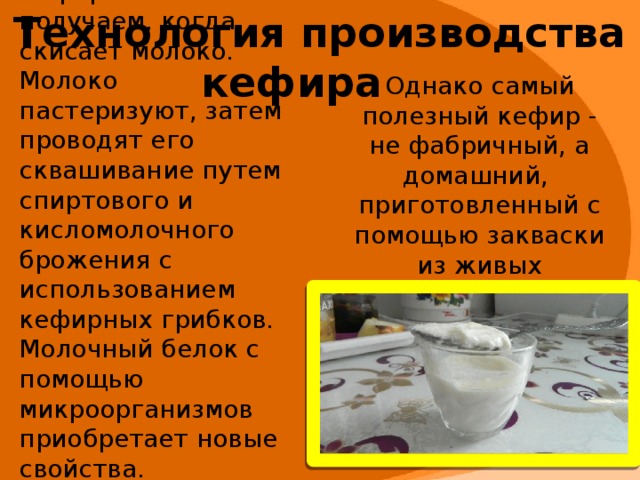 Технология производства кефира  Кефир мы получаем, когда скисает молоко. Молоко пастеризуют, затем проводят его сквашивание путем спиртового и кисломолочного брожения с использованием кефирных грибков. Молочный белок с помощью микроорганизмов приобретает новые свойства.   Однако самый полезный кефир - не фабричный, а домашний, приготовленный с помощью закваски из живых бифидобактерий или лактобактерий.  