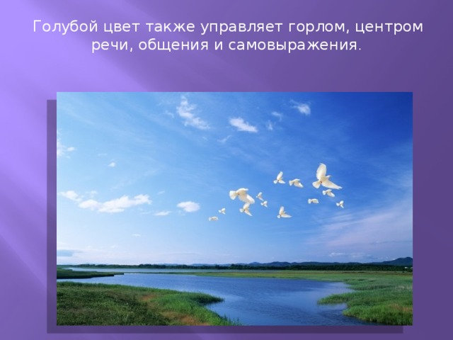 Голубой цвет также управляет горлом, центром речи, общения и самовыражения . 