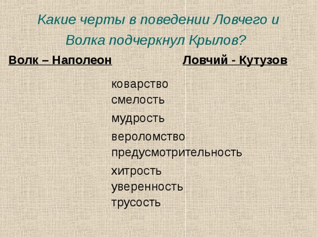 Какие черты в поведении Ловчего и Волка подчеркнул Крылов?  Волк – Наполеон  Ловчий - Кутузов коварство смелость мудрость вероломство предусмотрительность хитрость уверенность трусость