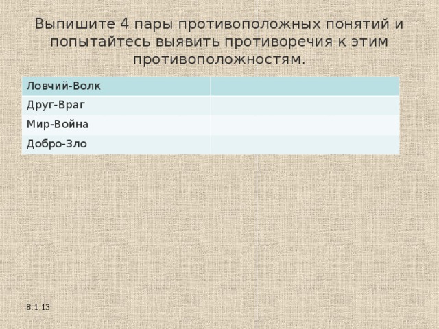 Выпишите 4 пары противоположных понятий и попытайтесь выявить противоречия к этим противоположностям. Ловчий-Волк Друг-Враг Мир-Война Добро-Зло 8.1.13