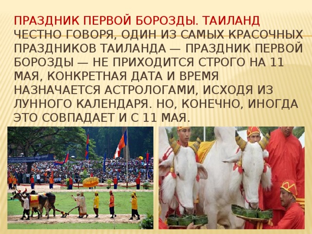 Праздник первой борозды. Таиланд  Честно говоря, один из самых красочных праздников Таиланда — Праздник Первой Борозды — не приходится строго на 11 мая, конкретная дата и время назначается астрологами, исходя из лунного календаря. Но, конечно, иногда это совпадает и с 11 мая.    