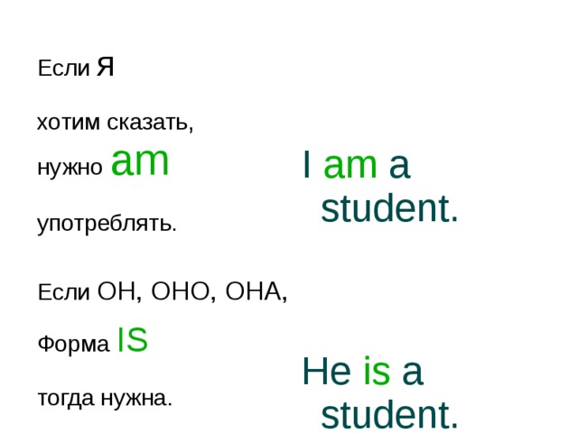 Если я  хотим сказать, нужно am  употреблять. Если ОН, ОНО, ОНА, Форма IS  тогда нужна. I am a student. He is a student. She is a student. 