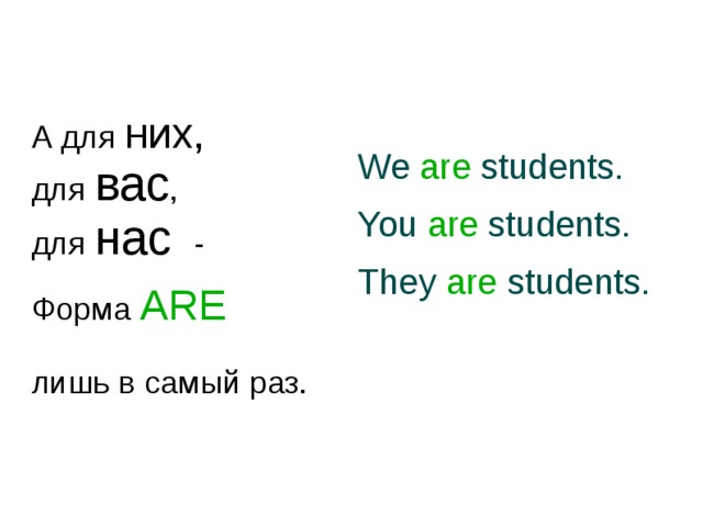 А для них,  для вас , для нас - Форма ARE  лишь в самый раз. We are students. You are students. They are students. 