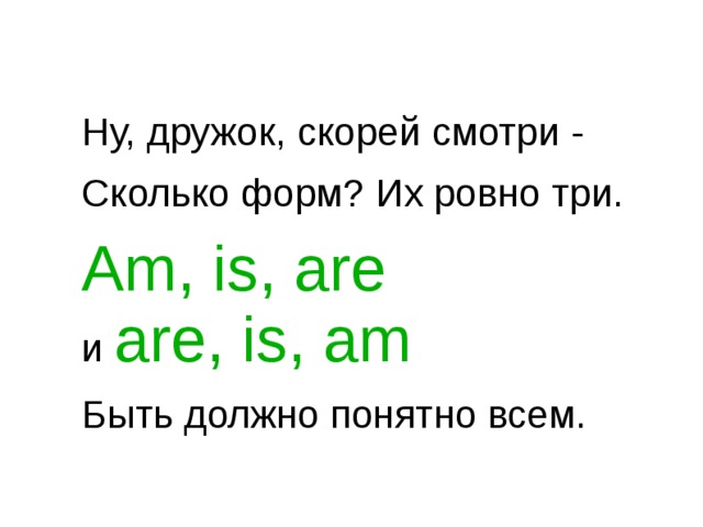 Ну, дружок, скорей смотри - Сколько форм? Их ровно три. Am, is, are  и are, is, am Быть должно понятно всем. 