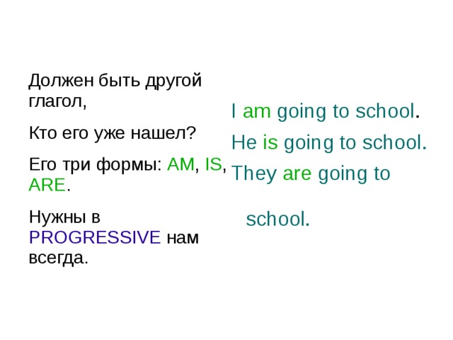 Должен быть другой глагол, Кто его уже нашел? Его три формы: AM , IS , ARE . Нужны в PROGRESSIVE нам всегда. I  am  going to school . He  is  going to school. They  are  going to        school. 