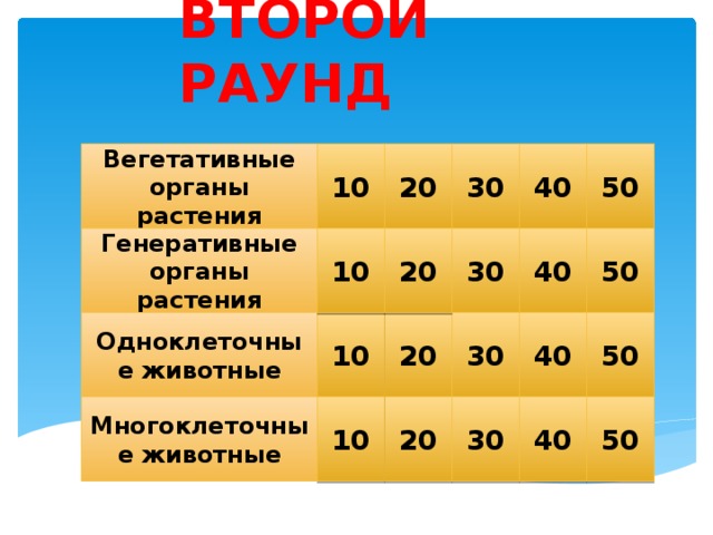 Второй раунд 50 Вегетативные органы растения 10 20 30 40 10 40 50 30 Генеративные органы растения 20 Одноклеточные животные 20 30 40 50 10 Многоклеточные животные 50 40 30 20 10