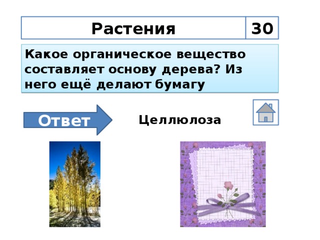 30 Растения Какое органическое вещество составляет основу дерева? Из него ещё делают бумагу Ответ Целлюлоза