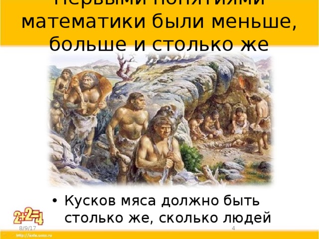 Первыми понятиями математики были меньше, больше и столько же Кусков мяса должно быть столько же, сколько людей 8/9/17  