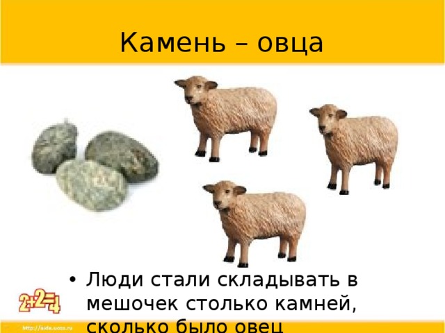 Камень – овца Для того чтобы запомнить количество животных, люди откладывали столько камней, сколько было овец. Тогда они могли выяснить, каков был приплод или сколько овец погибло при наводнении. Люди стали складывать в мешочек столько камней, сколько было овец  