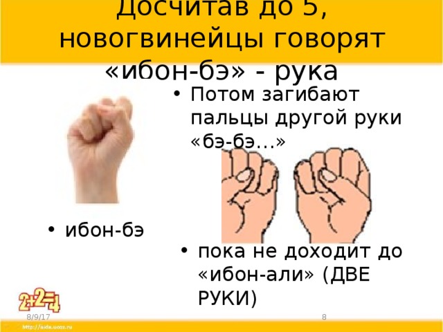 Досчитав до 5, новогвинейцы говорят «ибон-бэ» - рука Потом загибают пальцы другой руки «бэ-бэ…» ибон-бэ пока не доходит до «ибон-али» (ДВЕ РУКИ) 8/9/17  