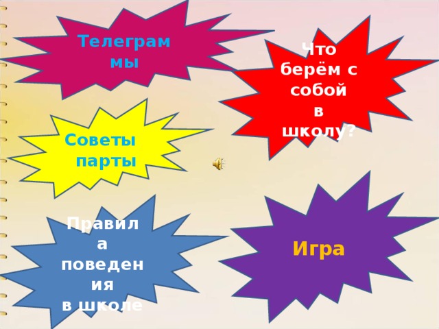 Телеграммы Что берём с собой в школу? Советы парты Игра Правила поведения в школе 
