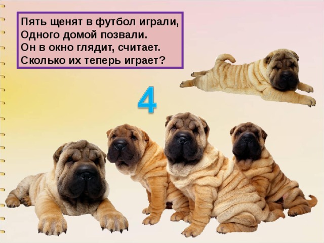 Пять щенят в футбол играли, Одного домой позвали. Он в окно глядит, считает. Сколько их теперь играет? 