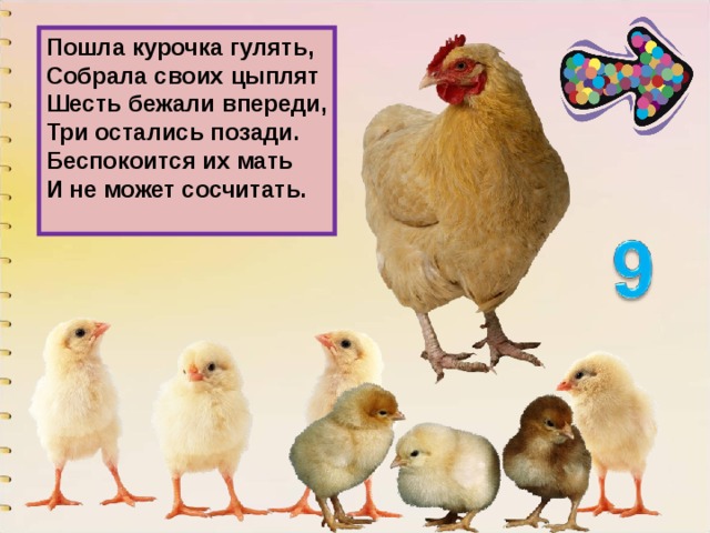 Пошла курочка гулять, Собрала своих цыплят Шесть бежали впереди, Три остались позади. Беспокоится их мать И не может сосчитать.  
