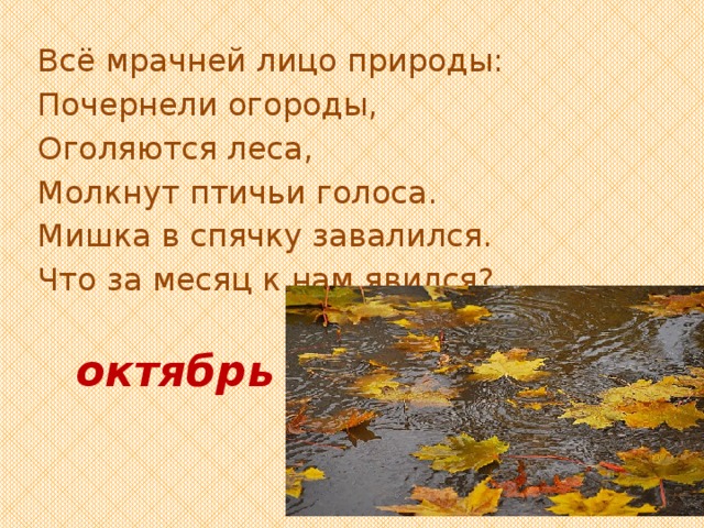 Всё мрачней лицо природы: Почернели огороды, Оголяются леса, Молкнут птичьи голоса. Мишка в спячку завалился. Что за месяц к нам явился? октябрь 