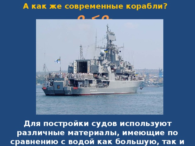 А как же современные корабли? ρ ж  т Для постройки судов используют различные материалы, имеющие по сравнению с водой как большую, так и меньшую плотность 