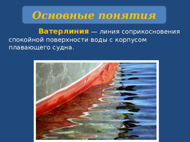 Основные понятия  Ватерлиния  — линия соприкосновения спокойной поверхности воды с корпусом плавающего судна. 