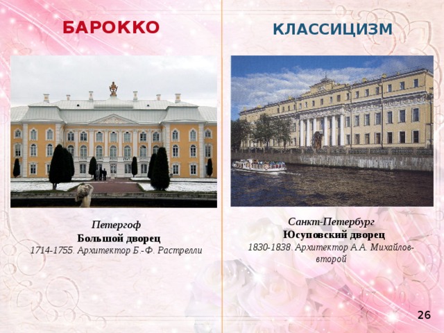 БАРОККО КЛАССИЦИЗМ Санкт-Петербург   Юсуповский дворец 1830-1838. Архитектор А.А. Михайлов-второй Петергоф   Большой дворец 1714-1755. Архитектор Б.-Ф. Растрелли 26 