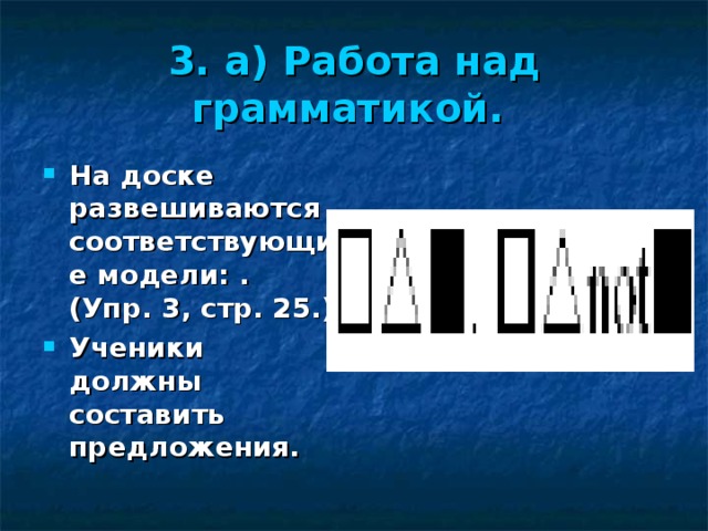 3. а) Работа над грамматикой.  На доске развешиваются соответствующие модели: . (Упр. 3, стр. 25.) Ученики должны составить предложения. 
