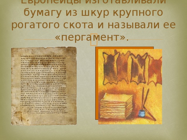 Европейцы изготавливали бумагу из шкур крупного рогатого скота и называли ее «пергамент». 