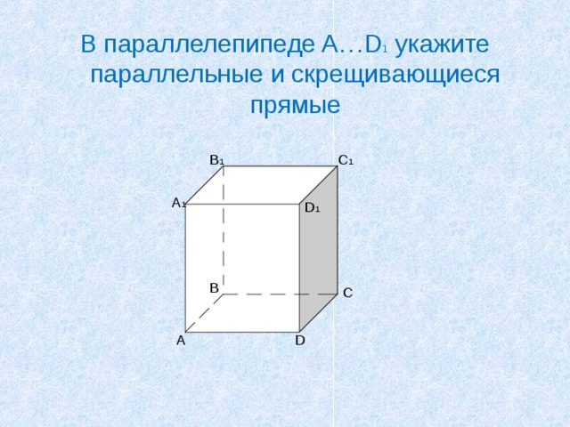 В параллелепипеде A…D 1 укажите параллельные и скрещивающиеся прямые C 1 B 1 A 1 D 1 B C A D 