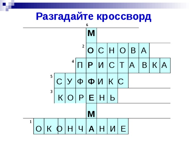 Разгадайте кроссворд  6 5 3 1 с о к м 2 4 к п о у с р ф о о и н р ф н о е и с в м к т ч н ь а а с а в н к и а е М     М  О С Н О В А П Р И С Т А В К А С У Ф Ф И К С К О Р Е Н Ь О К О Н Ч А Н И Е 