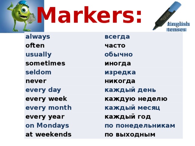 Markers: always всегда often часто usually обычно sometimes иногда seldom never изредка никогда every day каждый день every week каждую неделю every month каждый месяц every year каждый год on Mondays по понедельникам at weekends по выходным 