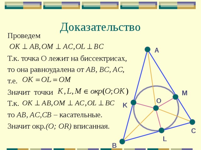 Доказательство Проведем Т.к. точка О лежит на биссектрисах, то  она равноудалена от АВ, ВС, АС , т.е. Значит точки  Т.к.  то AB, AC,CB – касательные. Значит  окр .(О ; О R) вписанная. А M О K С L В 