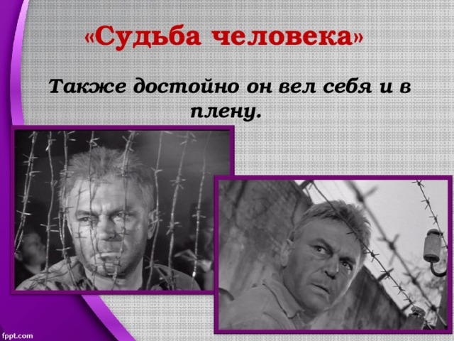 «Судьба человека» Также достойно он вел себя и в плену. 