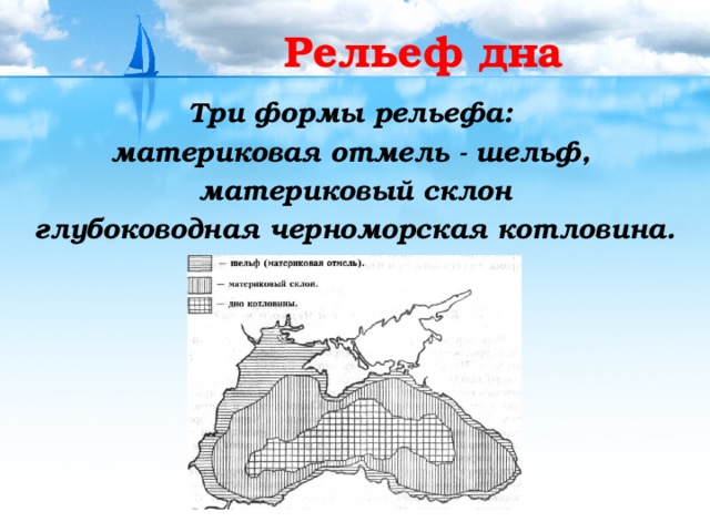 Рельеф дна Три формы рельефа: материковая отмель - шельф, материковый склон глубоководная черноморская котловина. 