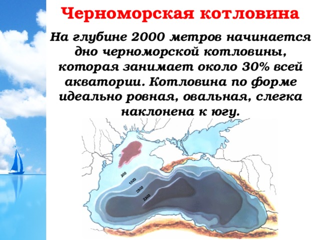 Черноморская котловина На глубине 2000 метров начинается дно черноморской котловины, которая занимает около 30% всей акватории. Котловина по форме идеально ровная, овальная, слегка наклонена к югу.  