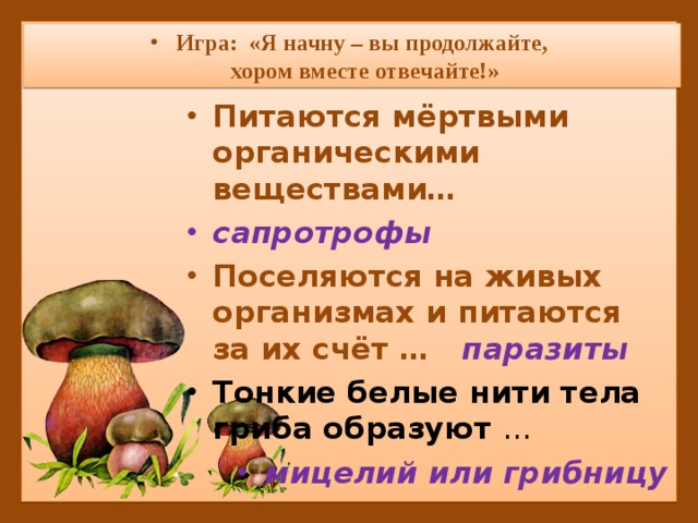 Игра: «Я начну – вы продолжайте,  хором вместе отвечайте!» Питаются мёртвыми органическими веществами… сапротрофы Поселяются на живых организмах и питаются за их счёт … паразиты Тонкие белые нити тела гриба образуют … мицелий или грибницу 