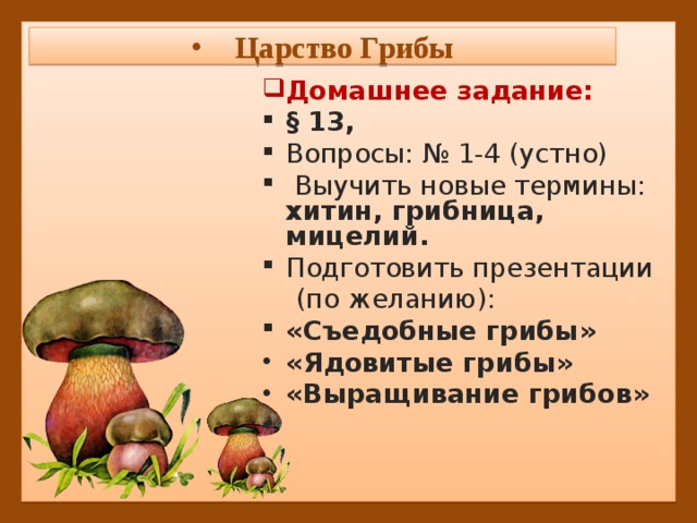 Царство Грибы Домашнее задание: § 13, Вопросы: № 1-4 (устно)  Выучить новые термины: хитин, грибница, мицелий. Подготовить презентации  (по желанию): «Съедобные грибы» «Ядовитые грибы» «Выращивание грибов» 