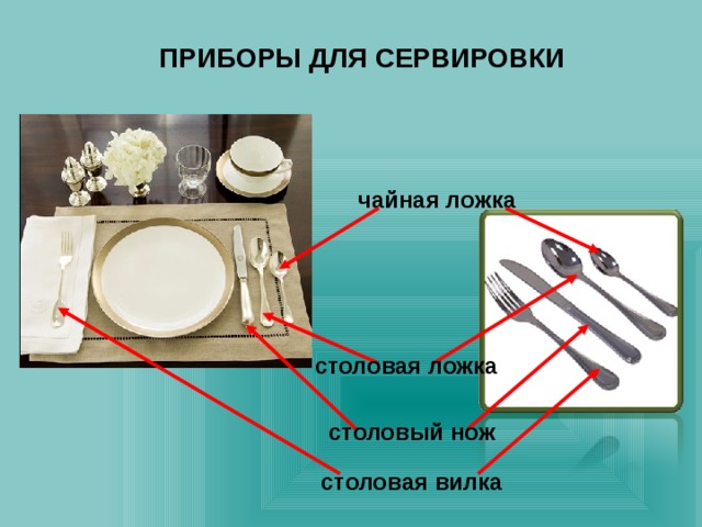ПРИБОРЫ ДЛЯ СЕРВИРОВКИ чайная ложка столовая ложка столовый нож столовая вилка 
