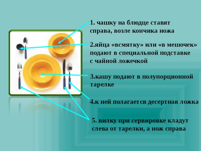 1. чашку на блюдце ставят справа, возле кончика ножа 2.яйца «всмятку» или «в мешочек» подают в специальной подставке с чайной ложечкой 3.кашу подают в полупорционной тарелке 4.к ней полагается десертная ложка 5. вилку при сервировке кладут слева от тарелки, а нож справа 