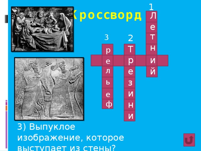1 Кроссворд Л е т 3 2 н Т р и р е й л е з ь и е н ф и 3) Выпуклое изображение, которое выступает из стены? 