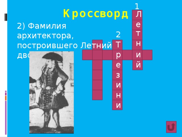 1 Кроссворд Л е 2) Фамилия архитектора, построившего Летний дворец? т 2 н Т р и е й з и н и 