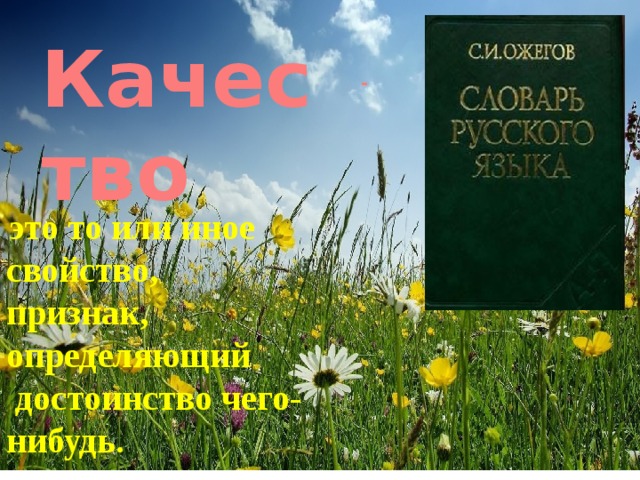 Качество - .  это то или иное свойство, признак, определяющий  достоинство чего-нибудь.